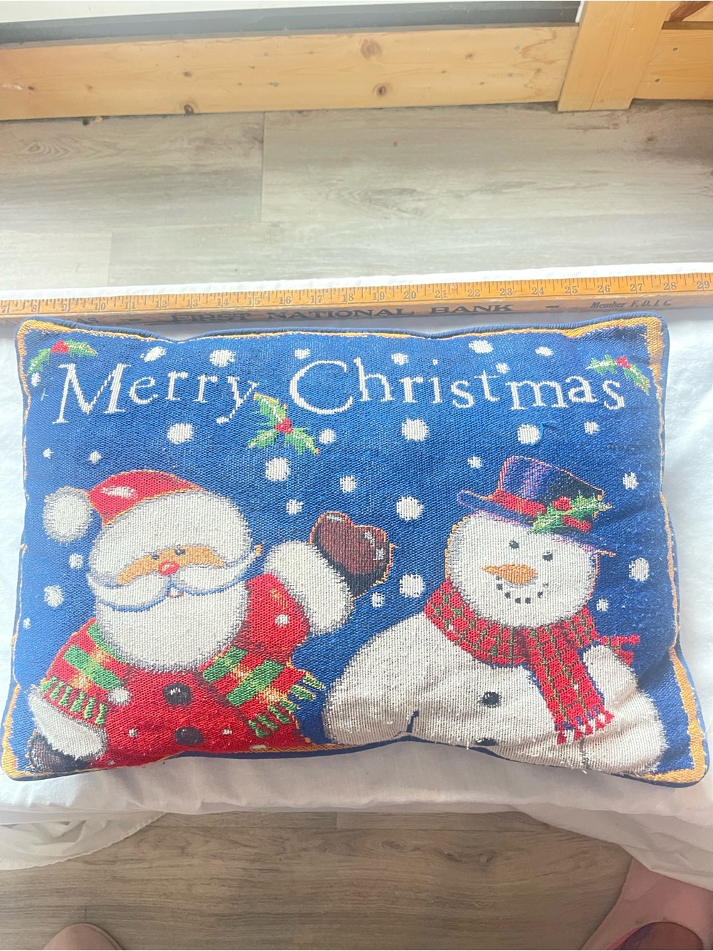 Holiday Christmas Lumbar Pillow Santa Frosty Tapestry 12"x 17" Blue Velvet Back